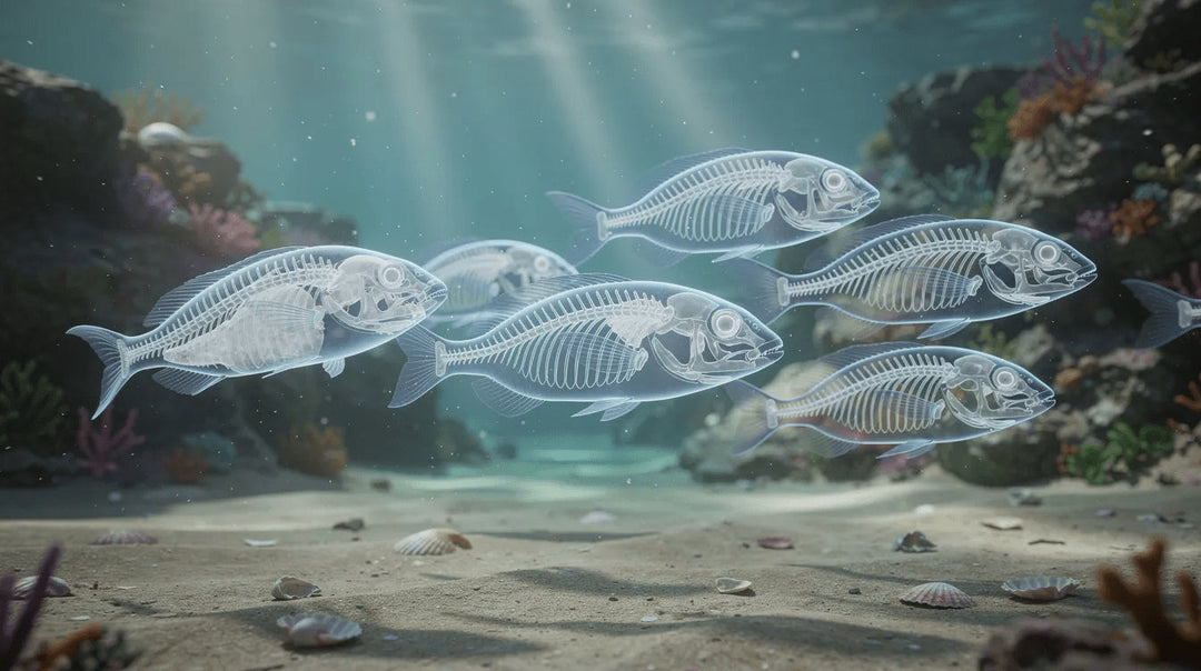 An underwater scene depicts various fish swimming gracefully, showcasing their visible skeletal structures, including fins and scales.