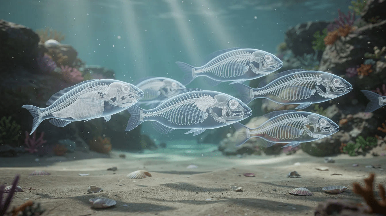 An underwater scene depicts various fish swimming gracefully, showcasing their visible skeletal structures, including fins and scales.