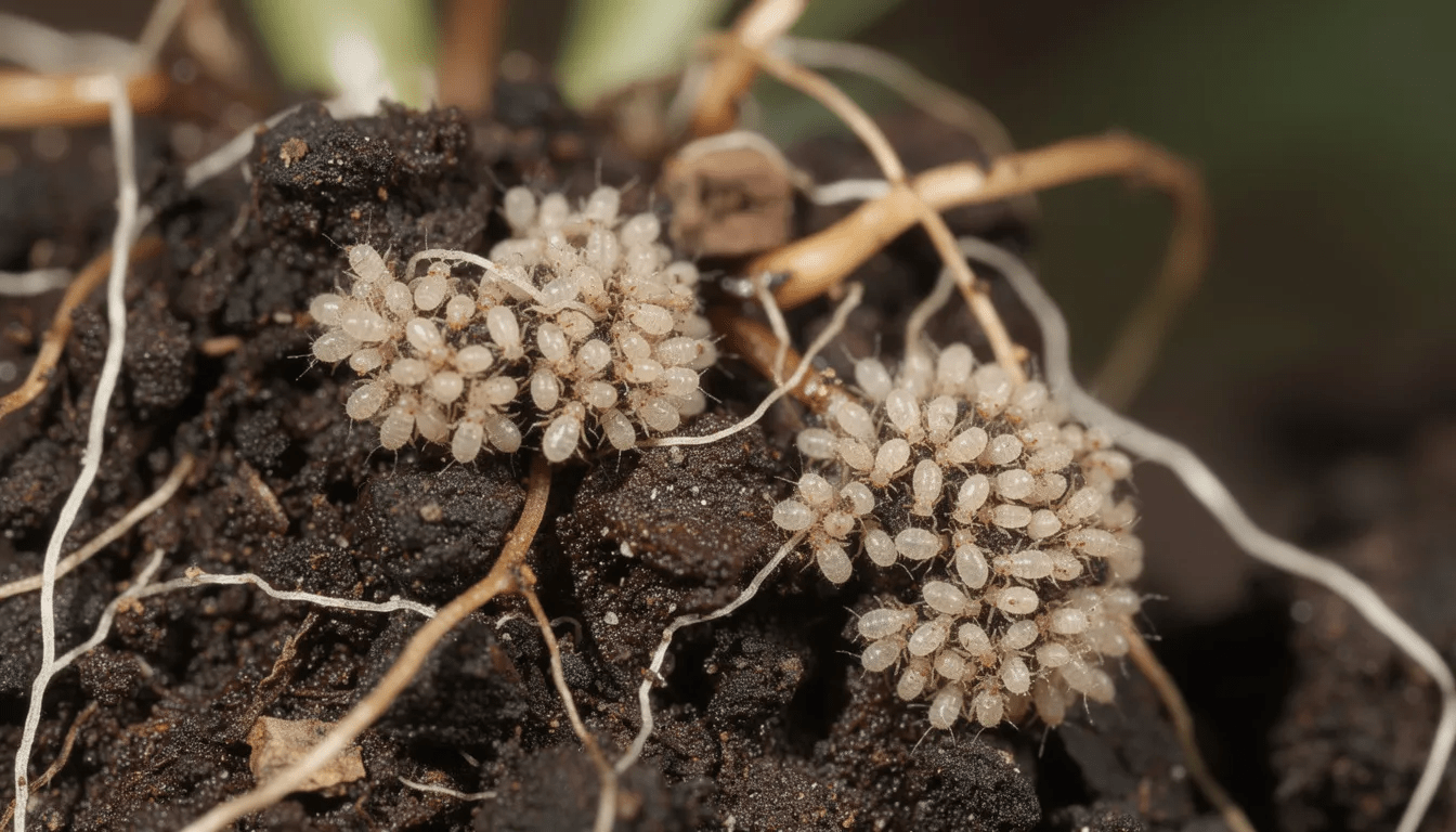 A cluster of tiny pale springtails in moist soil near plant roots, harmless jumping creatures that do not bite humans