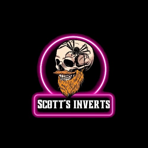 Logo on black of a bearded skull with a spider on its brow in a pink neon ring, above the words Scott's Inverts.