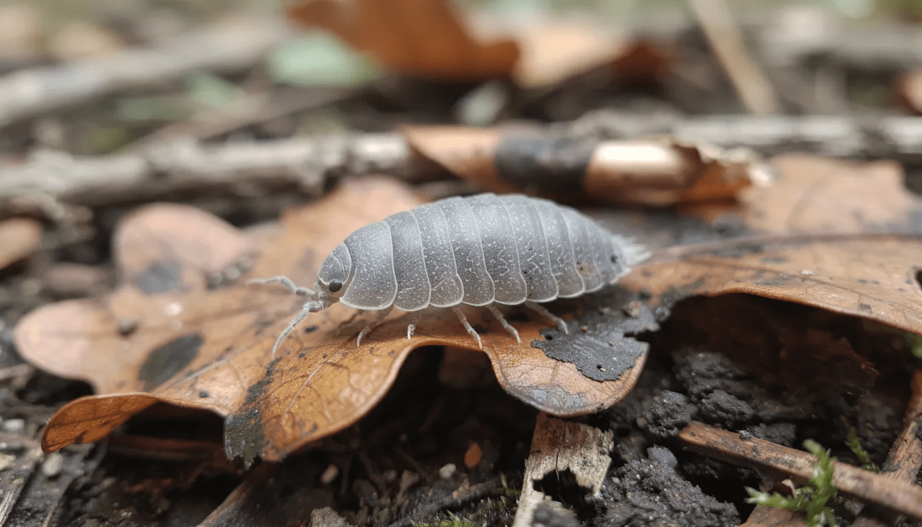 A grey woodlouse, a terrestrial isopod, resting on decaying oak leaves on the forest floor