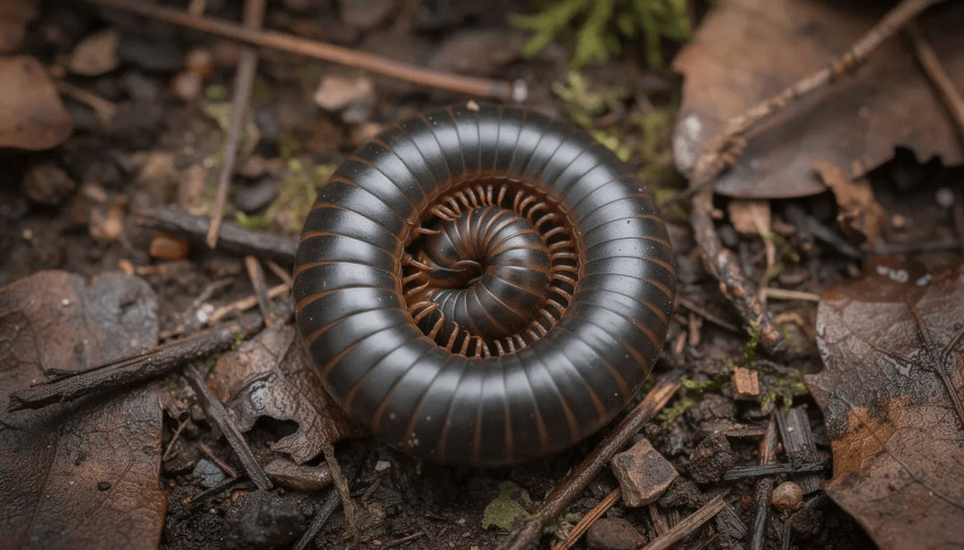 A black white-legged snake millipede curled into a defensive spiral on the woodland floor among leaf litter
