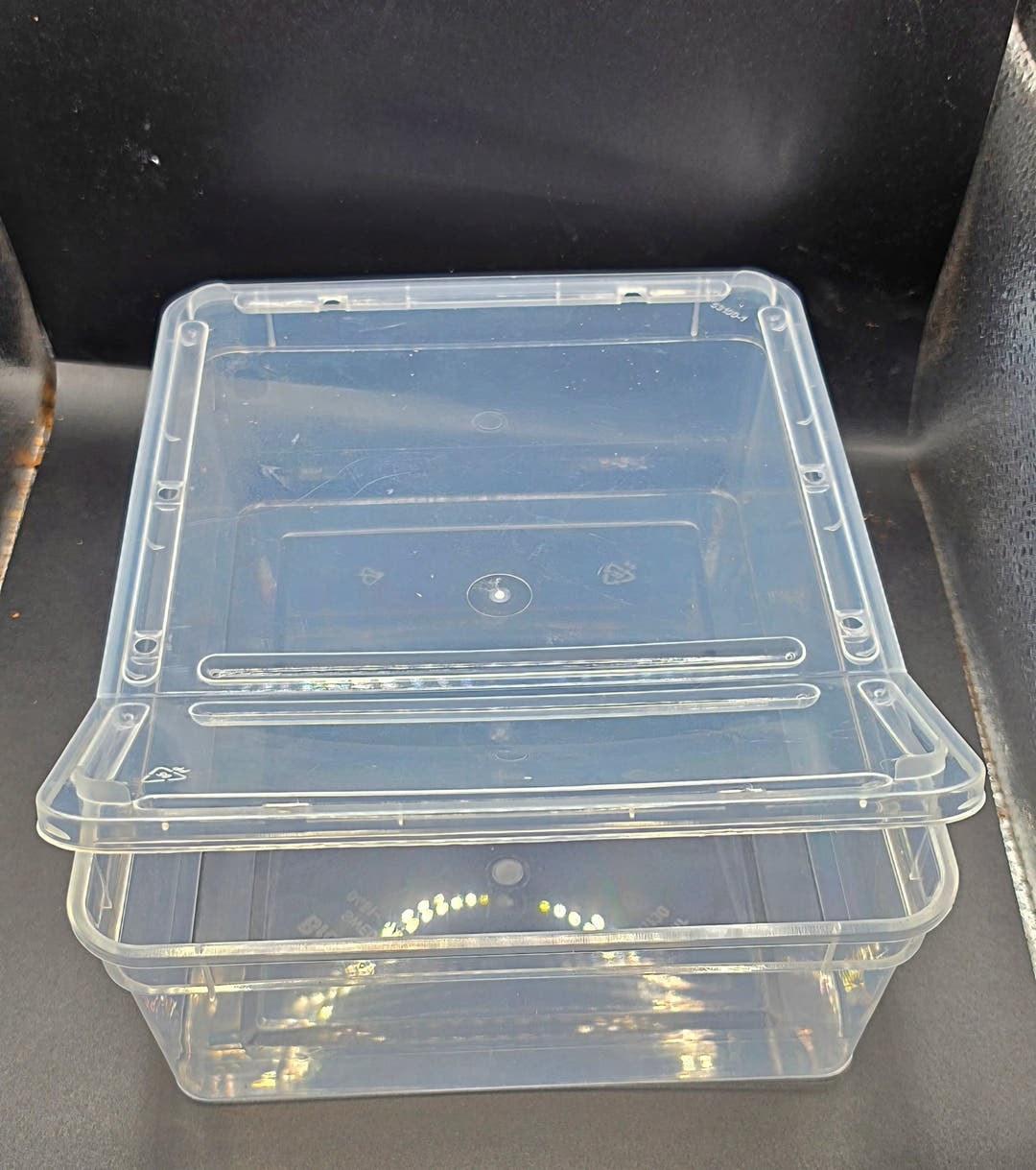Clear Braplast tub with the lid sitting loose and slightly askew over the rim.
