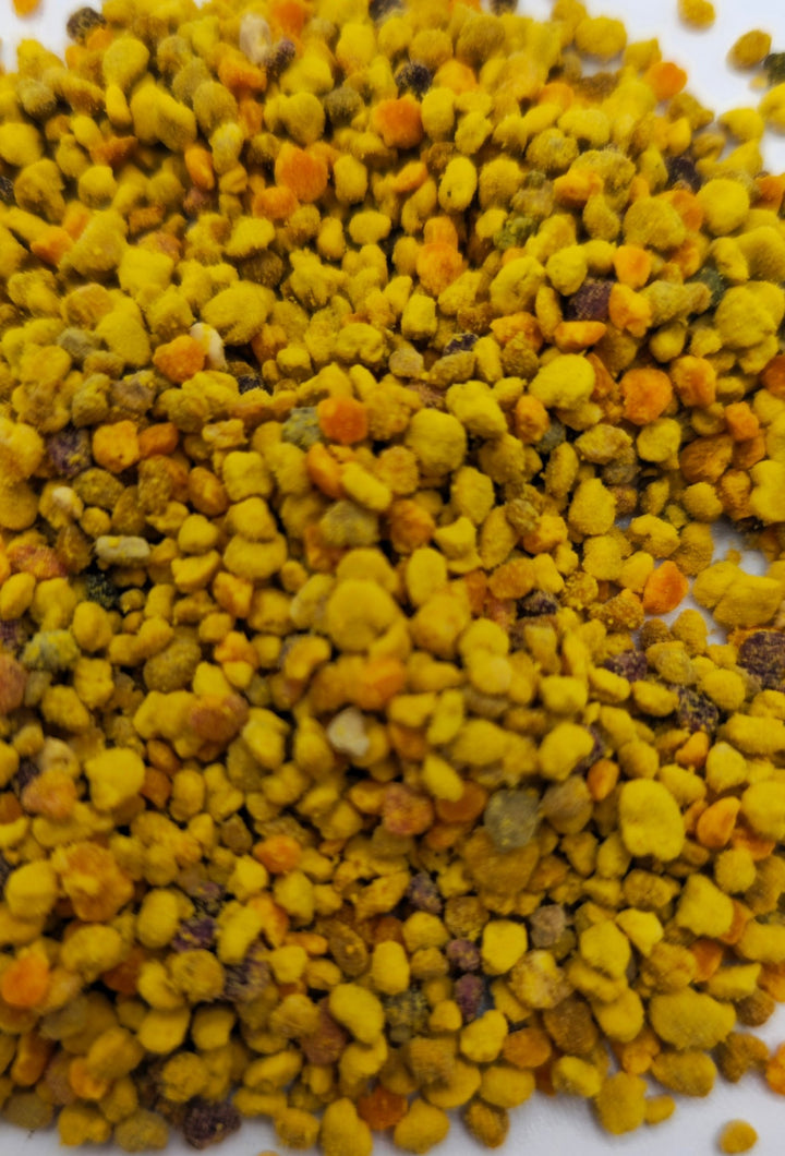 close up of bee pollen which is like yellow grains different colours