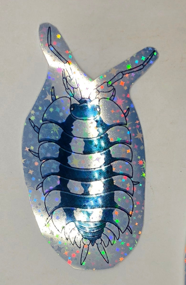 Black Ribs isopod sticker: a white-edged isopod banded in blue-black with long antennae, seen from above on star vinyl.
