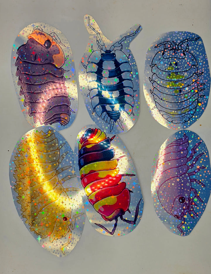 Six holographic star vinyl isopod stickers in two rows: Shiny Gator, Black Ribs and Magic Potion above, Crystal Pineapple, Scarlet and Cherry Blossom below.
