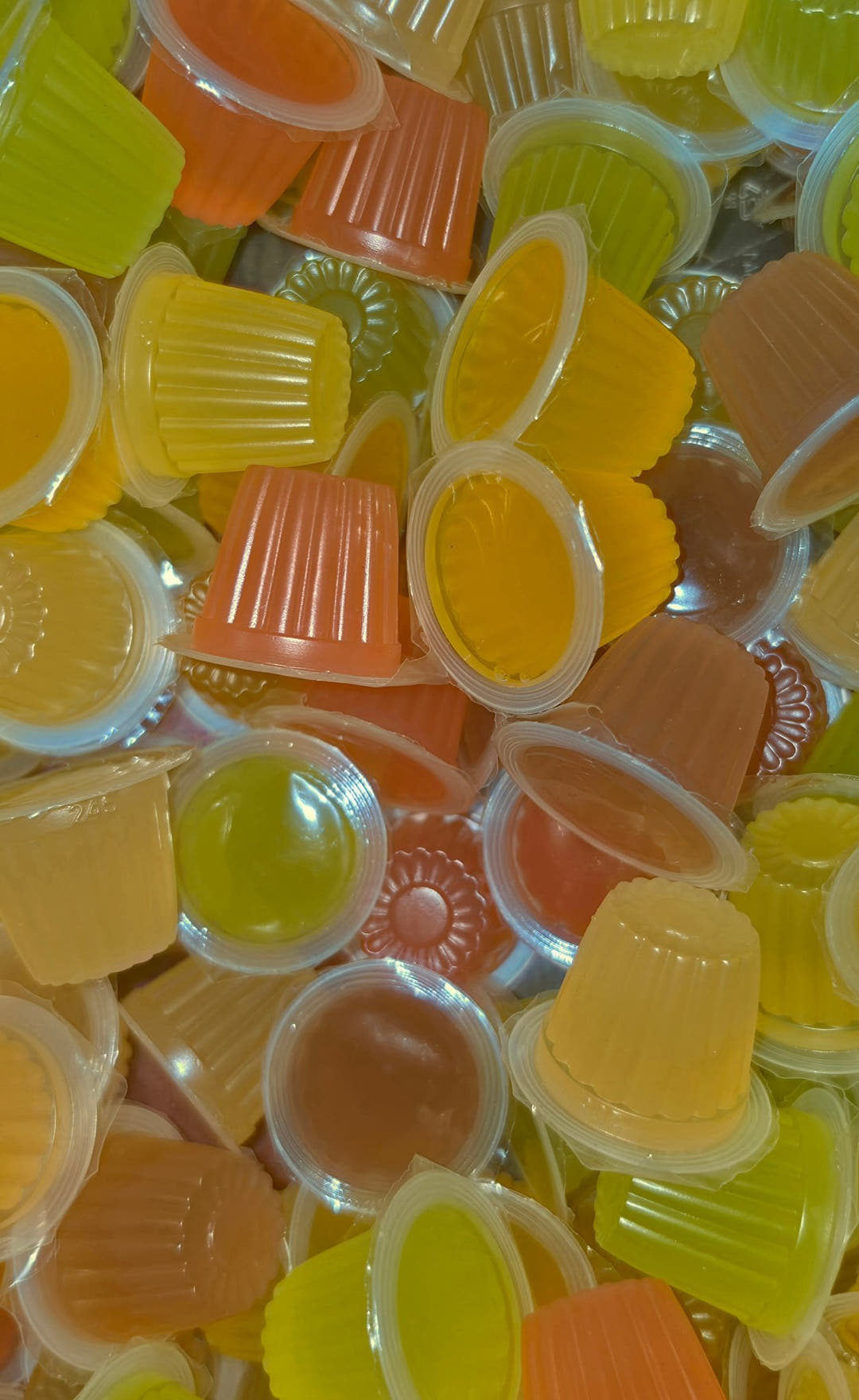 Jelly pots heaped together, many lid up so the oval of set jelly shows through the clear seal.