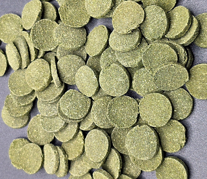 A pile of round, textured green  rough looking tablet for feeding fish on a dark gray background.