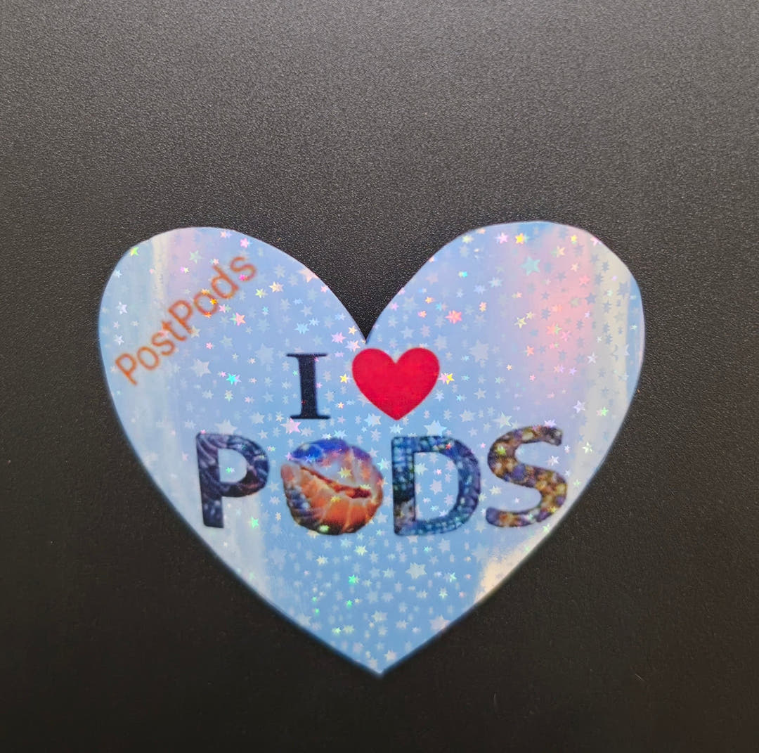 Heart shaped sticker reading I, a red heart, then PODS, with PostPods in orange at the top left.