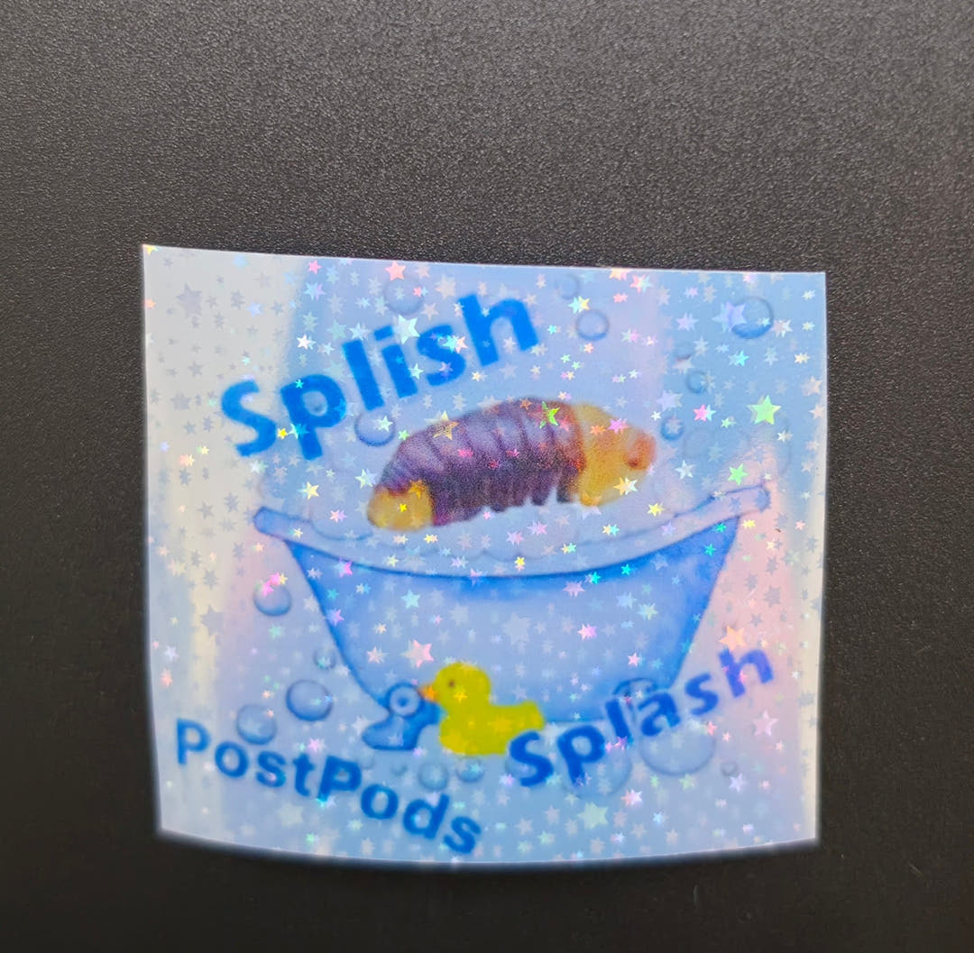 Square sticker of an isopod in a blue bathtub with a yellow rubber duck, lettered Splish, Splash and PostPods.