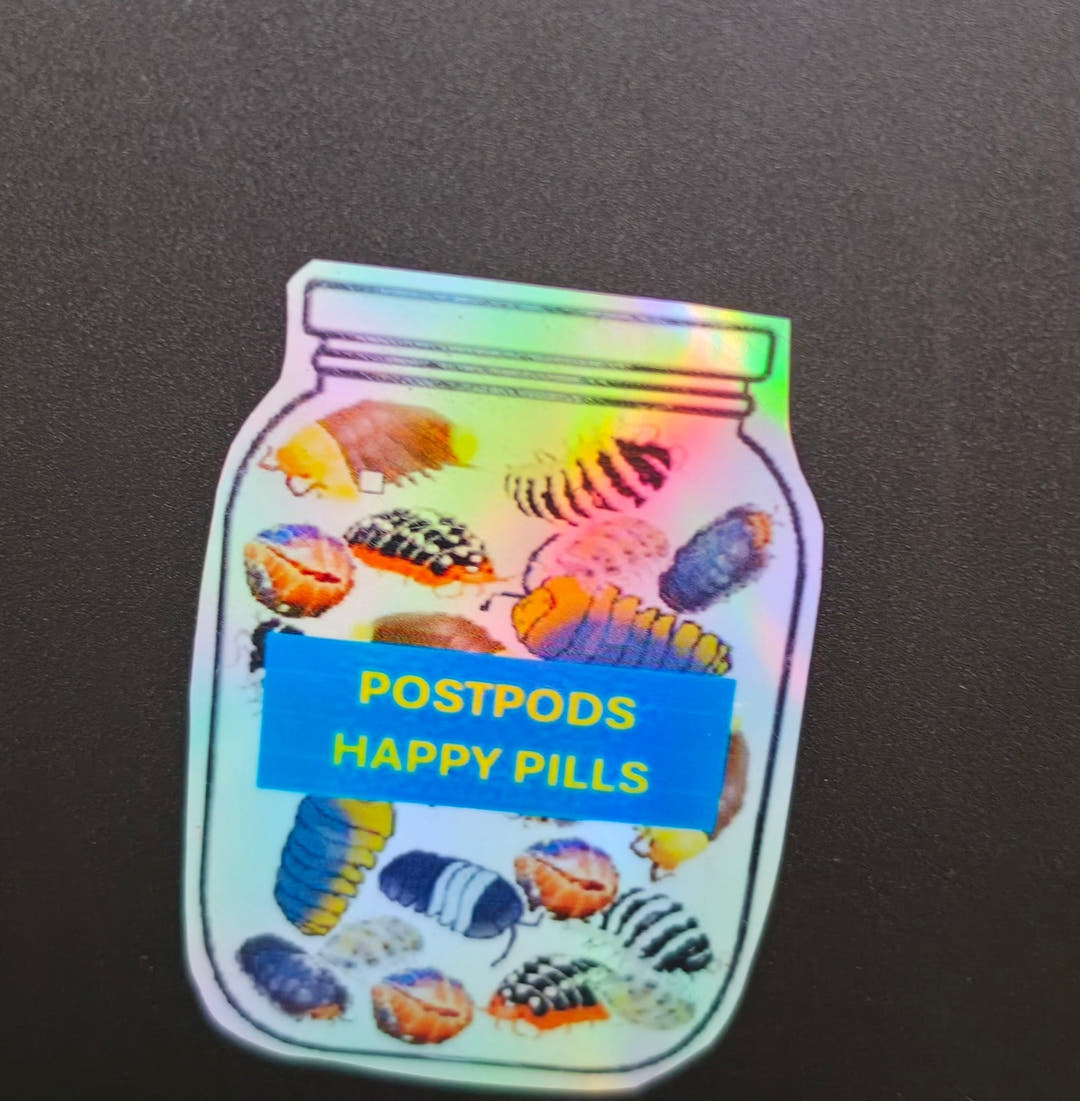 Jar shaped sticker labelled POSTPODS HAPPY PILLS, filled with drawings of isopods in many colours.