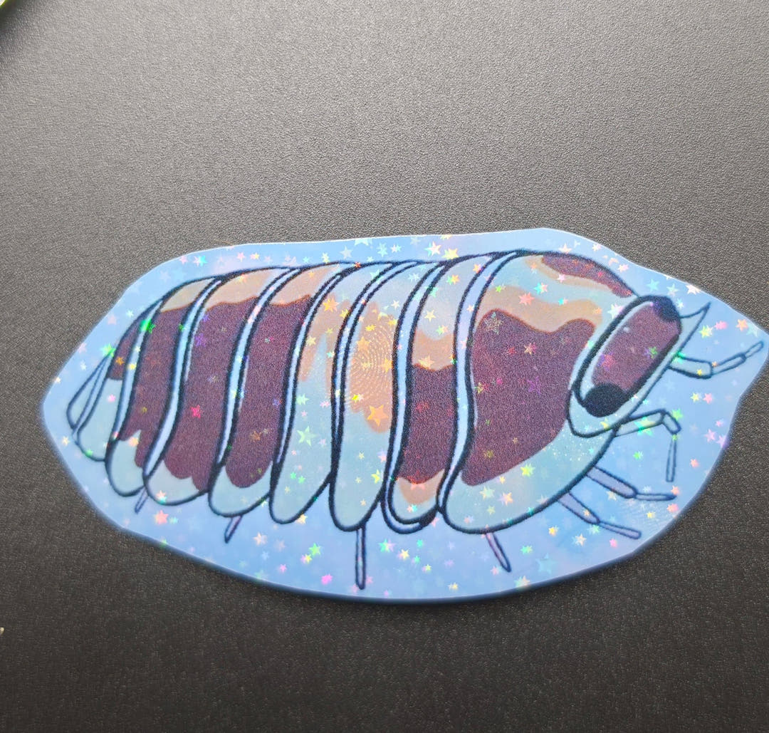 A vinyl sticker of an isopod drawn in dusky maroon and peach with black outlines on a glittery blue ground.
