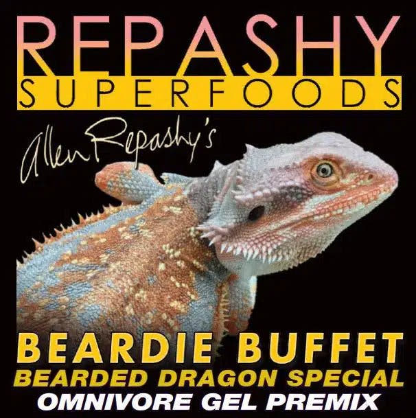 Black Repashy Superfoods label showing a bearded dragon and the words Beardie Buffet, Bearded Dragon Special, Omnivore Gel Premix.