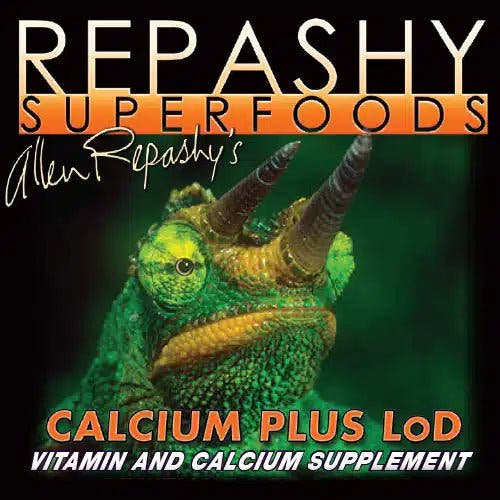 Black Repashy Superfoods label showing a green horned chameleon and the words Calcium Plus LoD, Vitamin and Calcium Supplement.