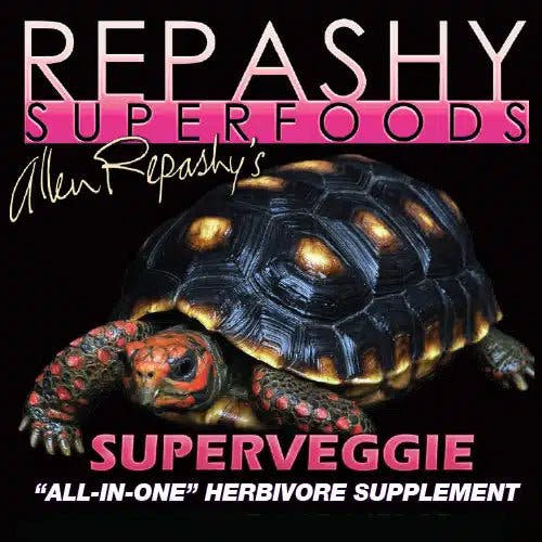 Black Repashy Superfoods label showing a red-footed tortoise and the words Superveggie, All-In-One Herbivore Supplement.