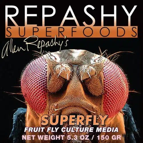 Black Repashy Superfoods label showing a red-eyed fruit fly&