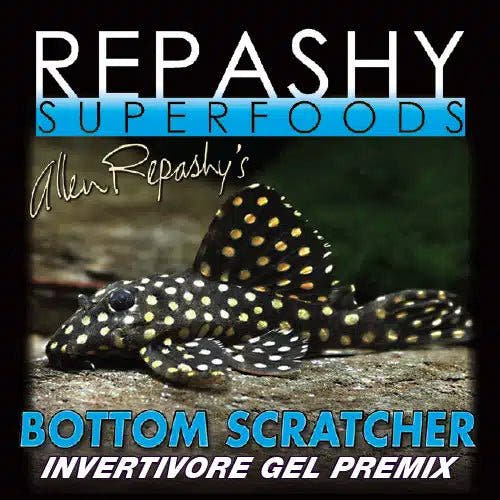 Black Repashy Superfoods label showing a spotted plecostomus and the words Bottom Scratcher, Invertivore Gel Premix.