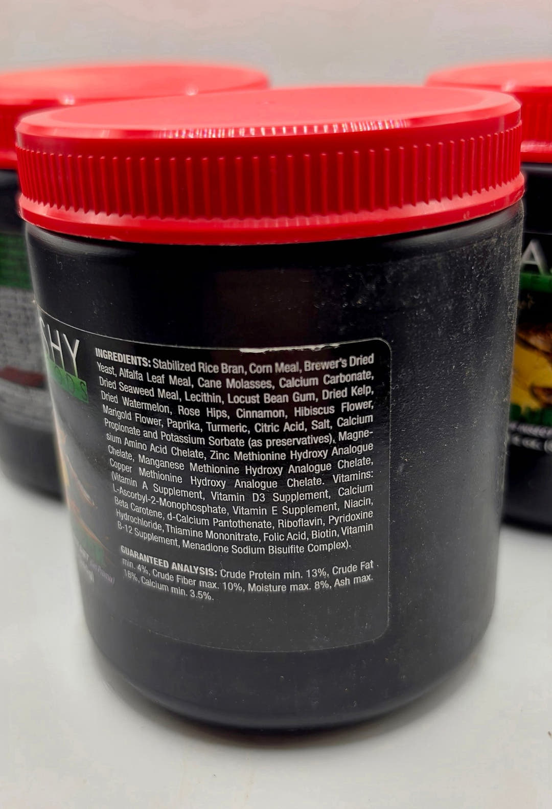 Back of a Repashy Bug Burger jar, showing the ingredients list and guaranteed analysis panel.