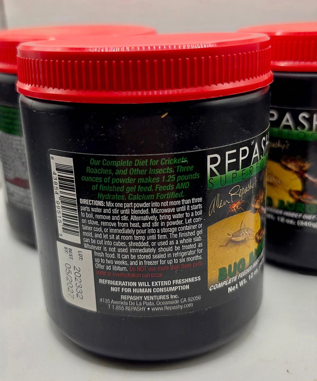 Repashy Bug Burger jar turned to show its directions panel, with a barcode and a date code label beside it.