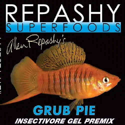 Front label of Repashy SuperFoods Grub Pie, showing an orange fish with a spotted fin below the brand name.