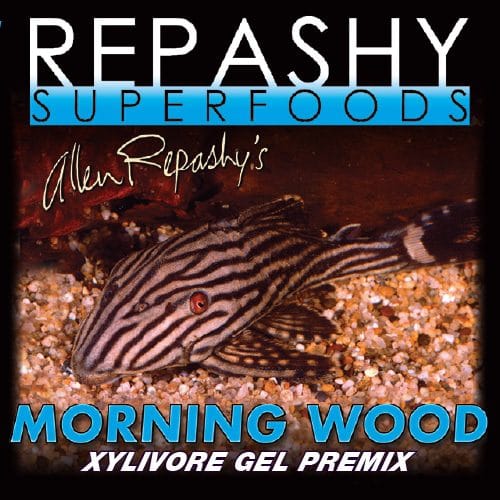 Square Repashy SuperFoods Morning Wood label showing a striped suckermouth catfish on gravel above the product name.