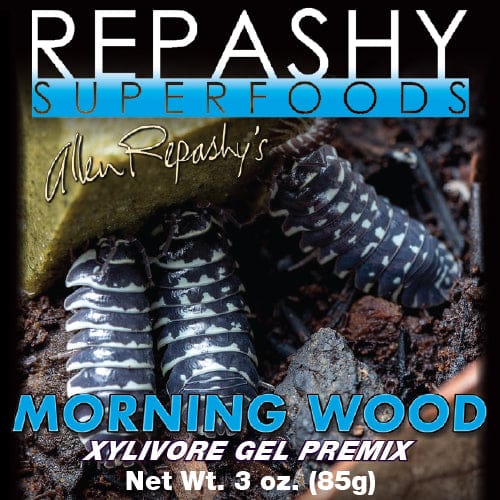 Repashy SuperFoods Morning Wood label, Xylivore Gel Premix, Net Wt. 3 oz, with striped isopods pictured on bark.