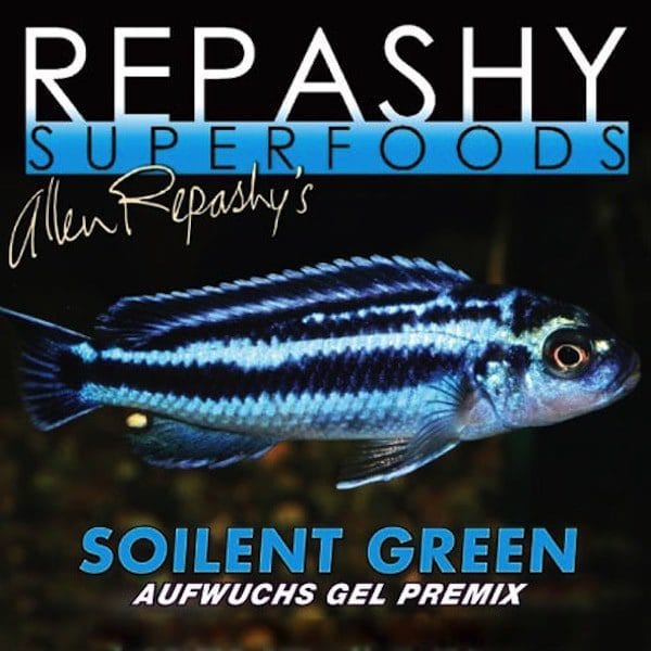 Repashy SuperFoods Soilent Green label, black with a blue striped fish and the words Aufwuchs Gel Premix.