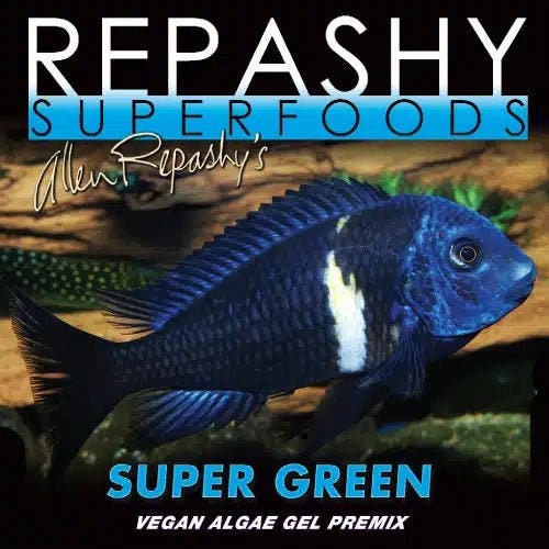 Repashy SuperFoods Super Green label, black with a dark blue fish and the words Vegan Algae Gel Premix.