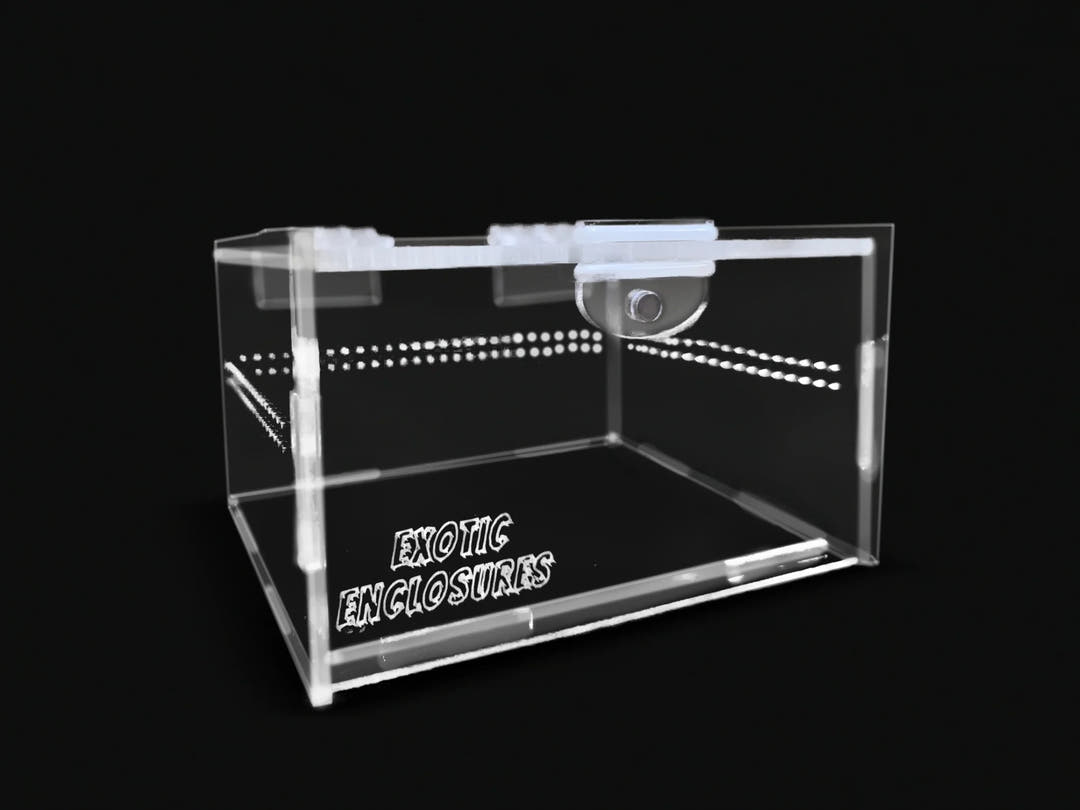 Clear acrylic enclosure with the lid closed and Exotic Enclosures etched into the base.