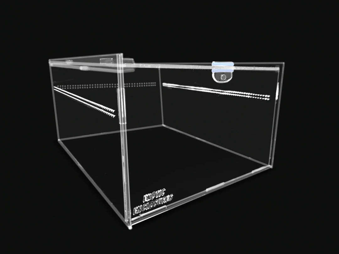 Wide clear acrylic enclosure with drilled vent rows along the front and a small latch on the top edge.